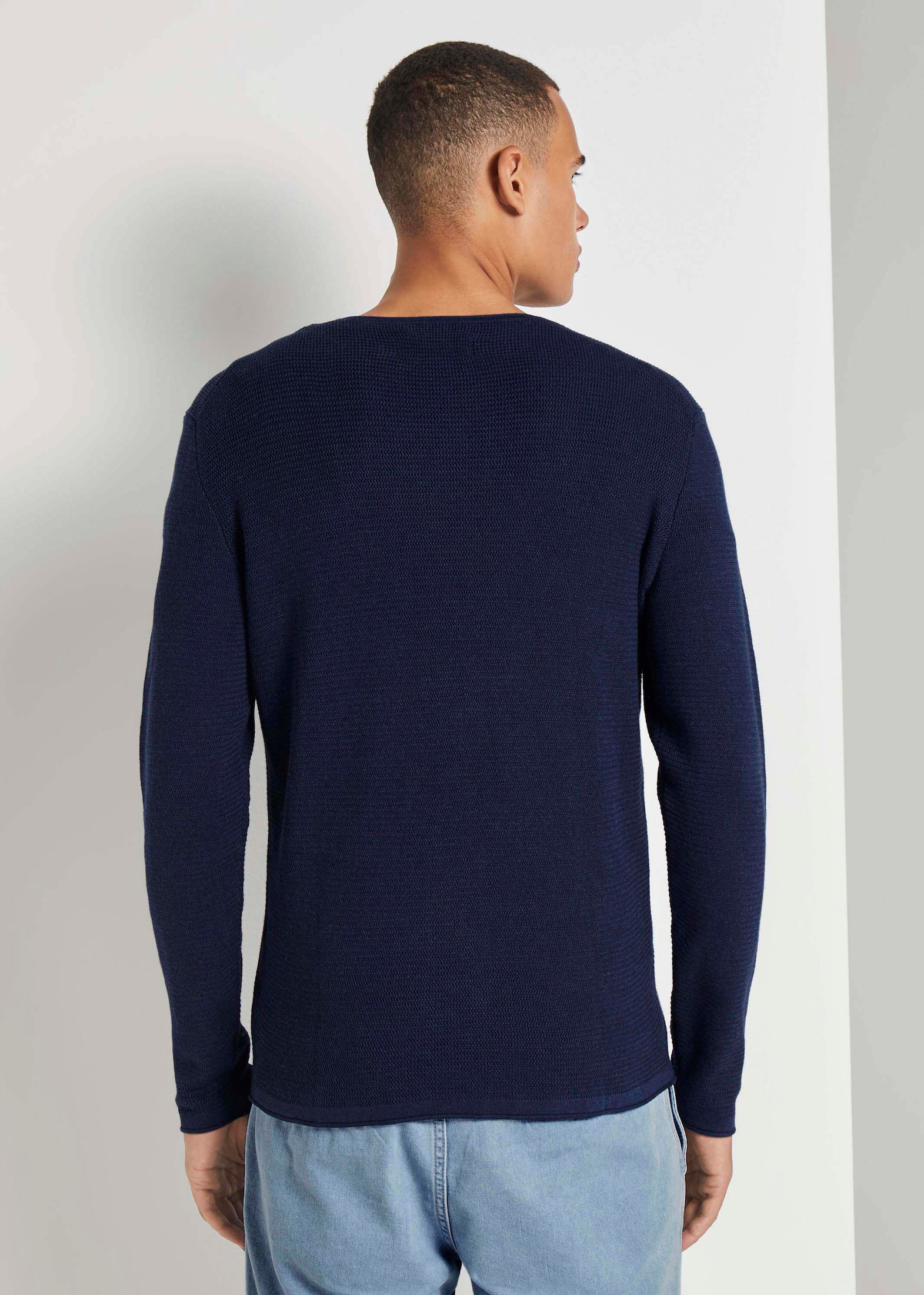 Men\'s Sweater Tom Tailor® Zigzag Structured Crewneck - Sky Captain Blue  Non-solid 1016090-13684 / Navy