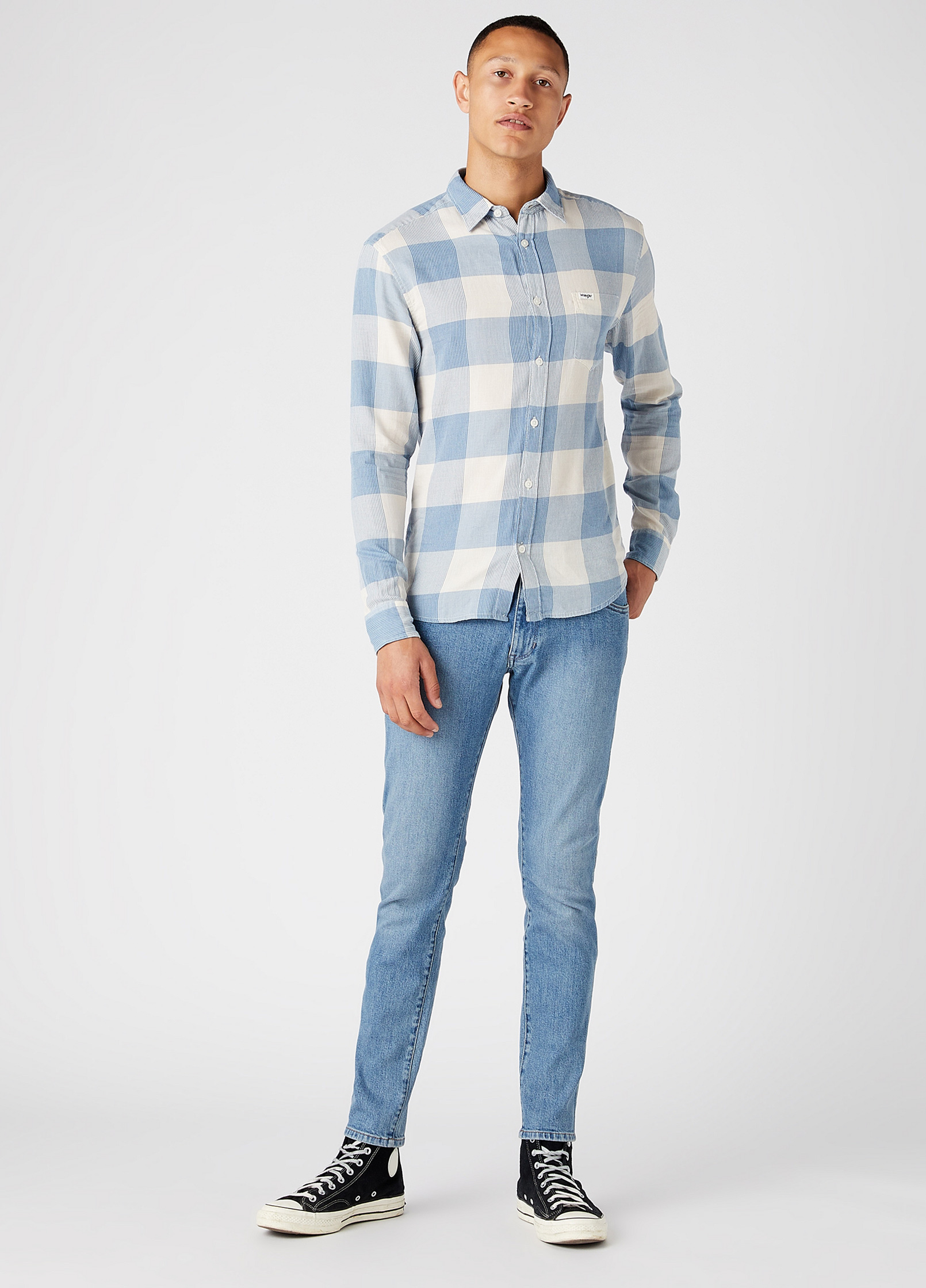 Men's Shirt Wrangler® Long Sleeve One Pocket Shirt - Light Indigo Check  W5A1BIX4E / Blue