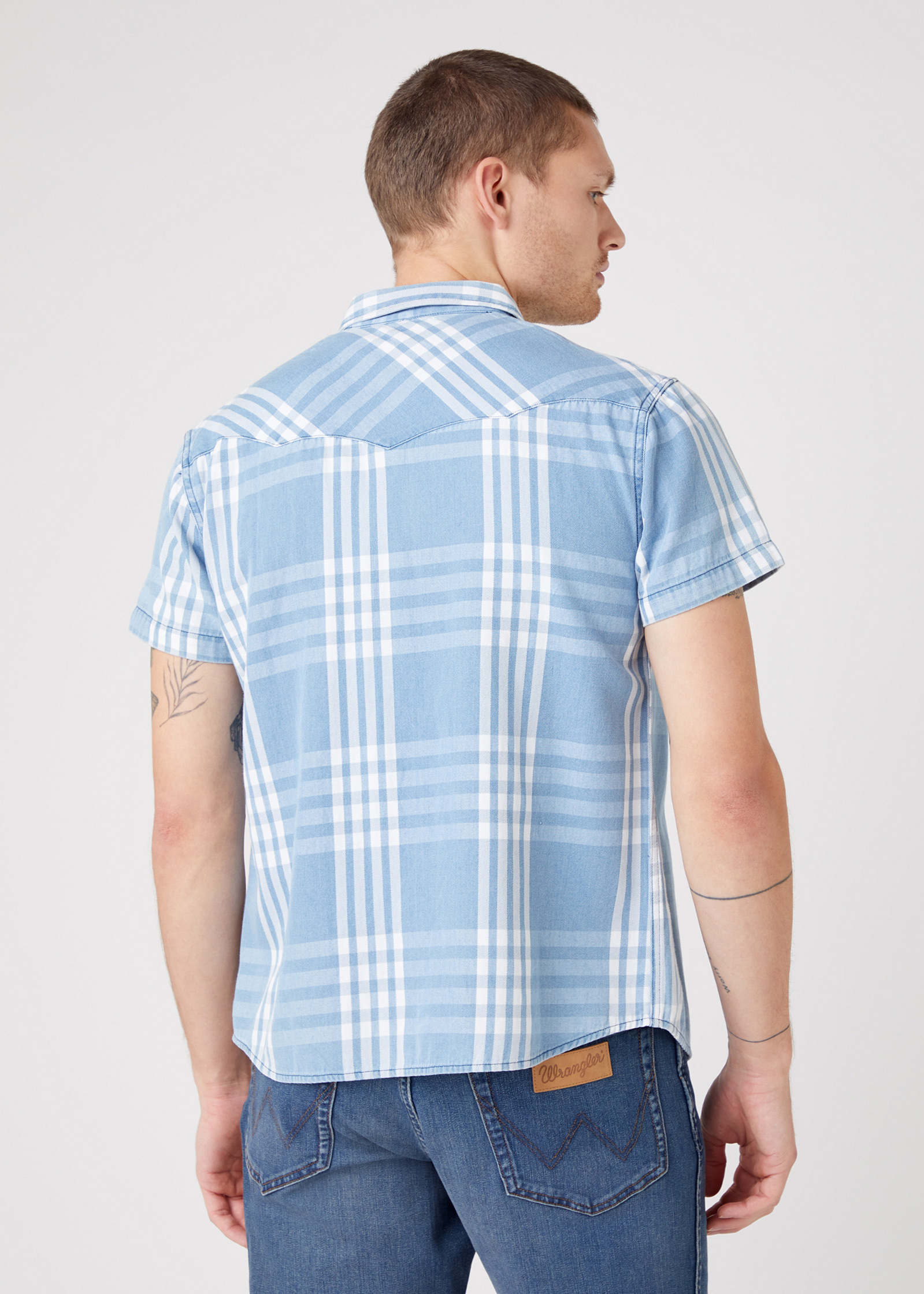 Men's Shirt Wrangler® Short Sleeve Western Shirt - Light Indigo W5J03HX4E /  Blue
